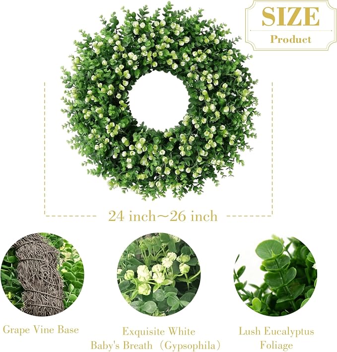 24" Faux Large Preserved Eucalyptus Wreath with Baby's Breath - Waterproof Spring & Summer Greenery Floral Wreath for Front Door, Porch, Wall, Window - Indoor & Outdoor All Seasons Home Décor