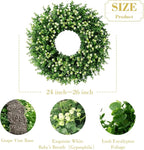 24" Faux Large Preserved Eucalyptus Wreath with Baby's Breath - Waterproof Spring & Summer Greenery Floral Wreath for Front Door, Porch, Wall, Window - Indoor & Outdoor All Seasons Home Décor