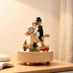Natural Solid Wood Handcrafted Beech Wooden, Musical FigureTotoro/Carousel/Fairy/Ballerina Figurine,Rotating Hand Crank Mechanism Music Box,Musical Decorations (Lover Riding a wodden Horse)