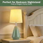 Small Bedside Table Lamp for Bedroom-Reading Desk Lamp Set of 2,with 3 Color Temperatures,15.5" Nightstand Ceramic Lamp with Fabric Shade for Kids Room,Living Room,Dorm,Home Office (Green)