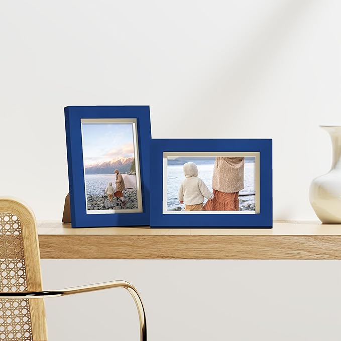 Vittanly 4x6 Picture Frames Set of 9, Shatter Resistant Plexiglass, Display 3.5x5 Pictures with Mat or 4x6 without Mat, Photo Frames for Wall or Tabletop, Engineered Wood, Blue