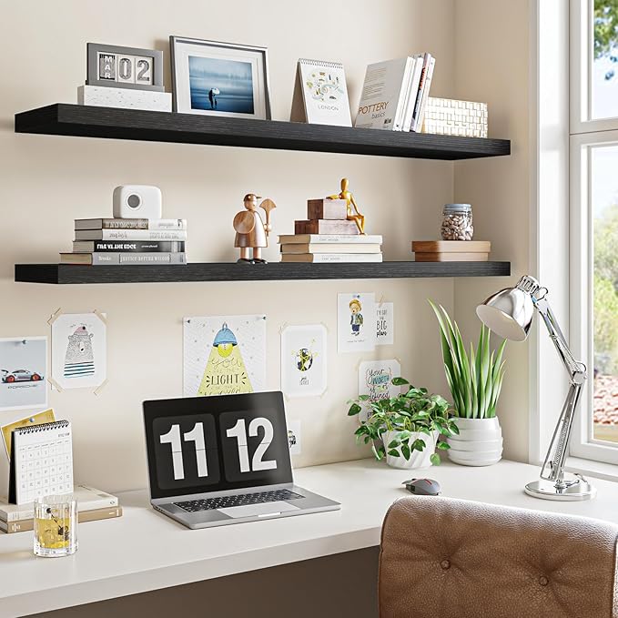 Fixwal Floating Shelves for Wall, 47.2" Long Heavy Duty Wall Mounted Rustic Wood Shelves for Living Room, Bedroom, Bathroom and Kitchen, Wall Shelves for Storage, Books, Room Decor (Black, Set of 2)