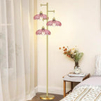 QIYIZM Pink Floor Lamp for Living Room,Bedroom,Gold Mid Century Modern Standing Lamp Brass Tree 3 Light Tall Floor Lamps Vintage Retro Floor Lights Glass Flower Lamp Shade Farmhouse Boho Bohemian
