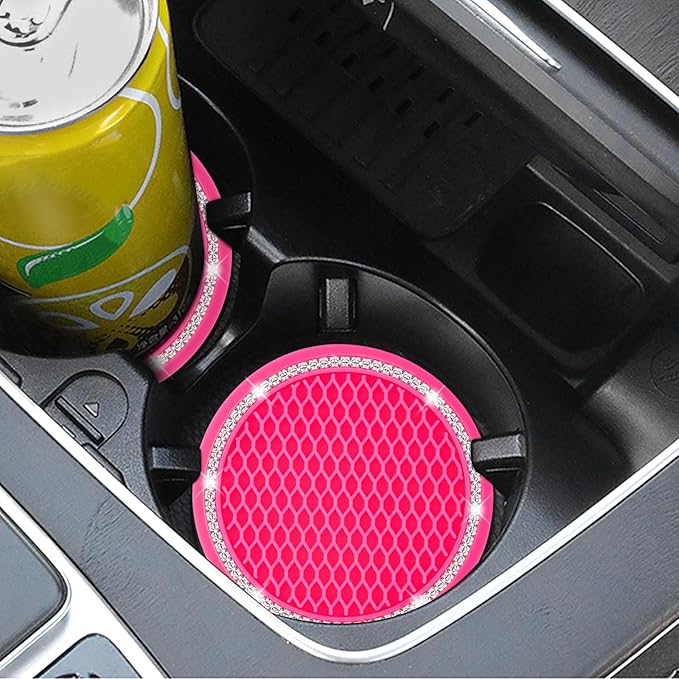 COCASES Car Coasters, 4 Pack Universal Vehicle Bling Car Coaster, Rhinestone Coaster for Cup Holders, Car Interior Accessories 2.75'' Silicone Car Coasters for Women(Hot Pink, White Crystal Circle)