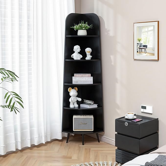 VECELO Large Tall Corner Shelf, 66.93" H 5-Tier Corner Storage Organizer, Freestanding Corner Display Rack for Living Room Bedroom Home Office, Black