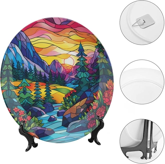 Stained Glass Theme Decorative Ceramic Plate Round Porcelain Plate,6 inch,Sunset Forest Stream Pattern,for Decorative Ornaments Giving Plates, 1 Plate with 1 Display Stand,Multicolor