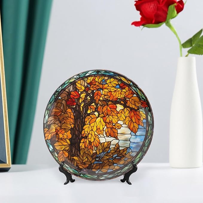 Autumn Decorative Plates, Stained Glass Design Autumn Tree Display Plate for Home Office Kitchen Table Decor Porcelain Plates 7 Inch, Thanksgiving Gifts