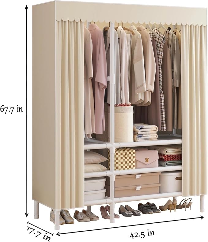 Portable Closet,Garment Rack,Heavy Duty Clothes Rack with Cover,Wardrobe Closet with 2 Hanging Rods, 6 Storage Shelves,43.3" L x 17.7" W x 67.7" H,Pale Yellow