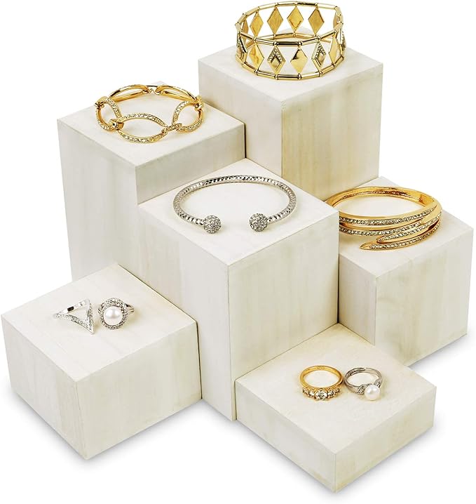 Mooca Wooden 6 Pcs Square Risers for Display Jewelry and Accessories Display Stand (Wash White)