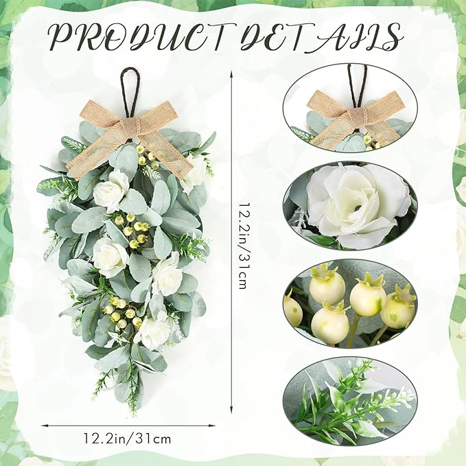 2 Pcs 24" Artificial White Rose Teardrop Wreaths Swag Spring Summer Flower Berries Swags Wreath White Floral Hanging Wreaths for Kitchen Cabinet Doors Window Wall Wedding Party Home Decor