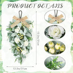 2 Pcs 24" Artificial White Rose Teardrop Wreaths Swag Spring Summer Flower Berries Swags Wreath White Floral Hanging Wreaths for Kitchen Cabinet Doors Window Wall Wedding Party Home Decor