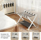 Bamboo Luggage Rack for Guest Room, 26.77" Folding Wide Suitcase Stand with Fabric Storage Shelf, Thickened Luggage Stand Holder for Bedroom Hotel, Luggage Rack for Suitcases (1 Pack - White)