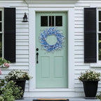 24 Inch Artificial Blue Forsythia Flower Wreath, Silk & Paper Bridal Floral Wreath for Front Door, Elegant Beach Nautical Themed Wedding & Spring Summer Decor, All Season Farmhouse Porch Wall Decor