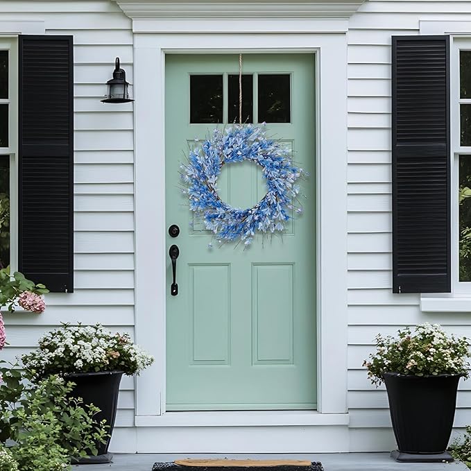 24 Inch Artificial Blue Forsythia Flower Wreath, Silk & Paper Bridal Floral Wreath for Front Door, Elegant Beach Nautical Themed Wedding & Spring Summer Decor, All Season Farmhouse Porch Wall Decor