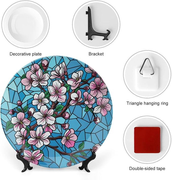 Stained Glass Theme Decorative Ceramic Plate Round Porcelain Plate,7 inch,Cherry Tree Pattern,for Decorative Ornaments Giving Plates, 1 Plate with 1 Display Stand,Blue Pink