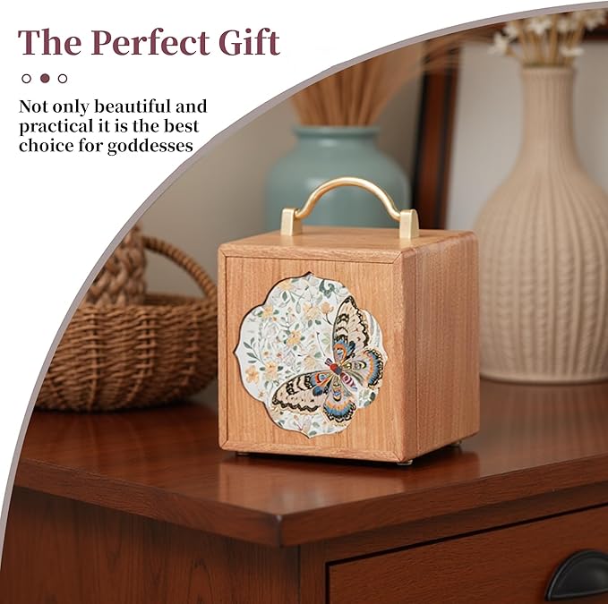 Wooden Jewelry Box for Women 4 Tier Walnut Wooden Jewelry Box with handle (Butterfly Prints A)