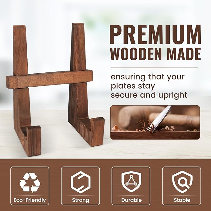 DEBETOOL Wooden Plate Stand - 8.8inch Wood Plate Holder Stand for Display, Rustic Wooden Picture Frame Holder Stand, Decorative Table Top Easels for Display