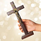 KUXBET Wooden Crucifix Cross with Detachable Stand 10 Inch Standing Catholic Wooden Jesus Christ Wall Hanging Cross for Home Decor