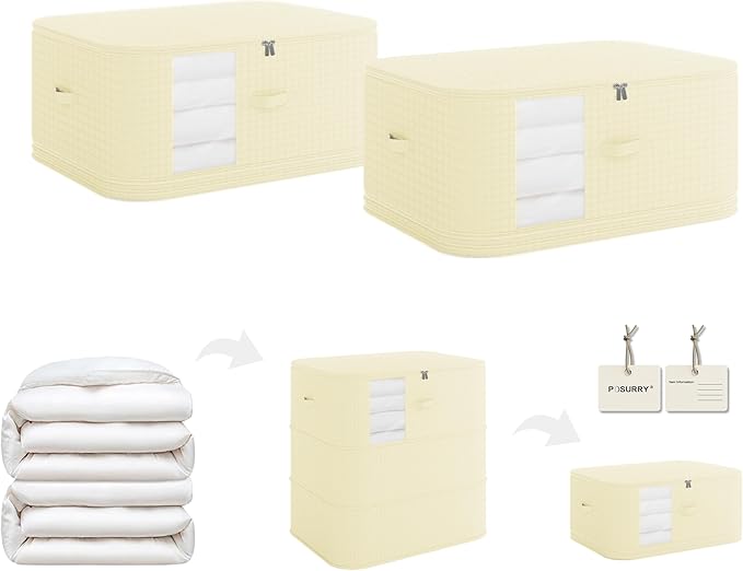 3-Layer Compressible with Zippers Blanket & Comforter Storage Bag,Ultra Space Saving Self Compression Organizer，Save 50% Space, 2 PCS，Light Yellow