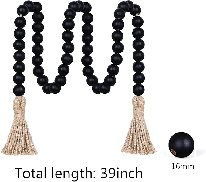 Meplait 39in Wood Bead Garland Farmhouse with Tassels,Versatile Prayer Beads Boho Chic Wall Hanging Home Decor (Black)