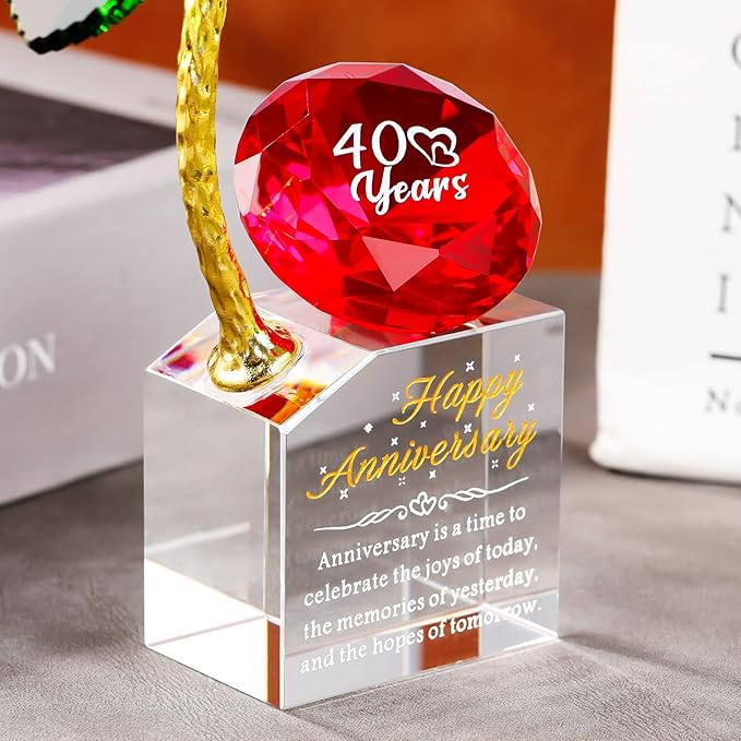YWHL 40th Wedding Anniversary Rose Gifts for Parents, 40 Years Happy Anniversary Ruby Wedding Gift for Couples, Crystal Rose Figurine with Red Diamond, Romantic Valentines Day Present for Wife