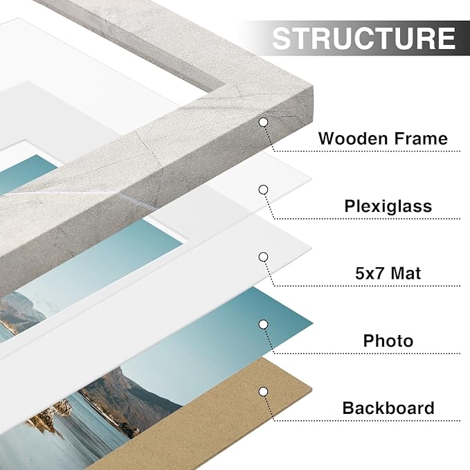 Vittanly 8x10 Picture Frames Set of 9, Shatter Resistant Plexiglass, Display 5x7 Pictures with Mat or 8x10 without Mat, Photo Frames for Wall or Tabletop, Engineered Wood, Vintage Marble White