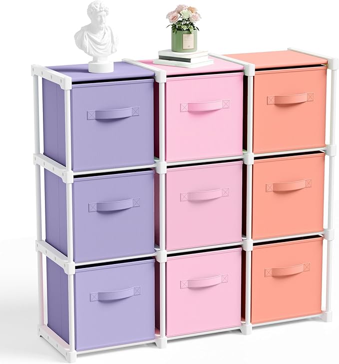 9 Cube Storage Organizer with Shelf Back to School Boxes 11 Inch Toy Storage Bins Closet Organizers Drawers Fabric Dresser for Playroom Books Bedroom Dorm Kitchen (Pink,Purple,Orange)