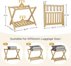 Full Assembled 26.77"L Luggage Rack for Guest Room, Set of 1 Foldable Suitcase Stand with 5 Nylon Straps, Luggage Holder with Shoe Shelf for Suitcases, Hotel (Natural Wood Bamboo Luggage Stands)