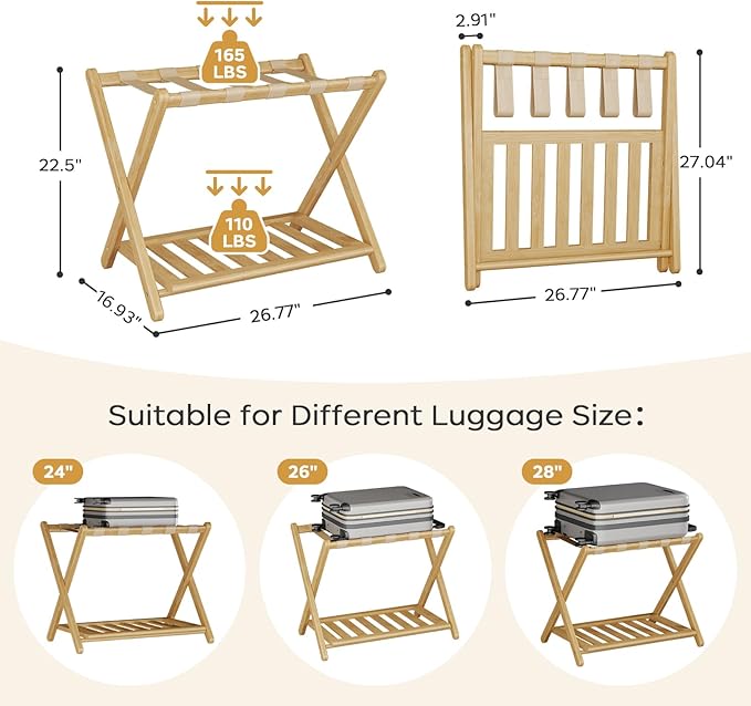 Full Assembled 26.77"L Luggage Rack for Guest Room, Set of 2 Foldable Suitcase Stand with 5 Nylon Straps, Luggage Holder with Shoe Shelf for Suitcases Hotel (Natural Wood Bamboo Luggage Stands)
