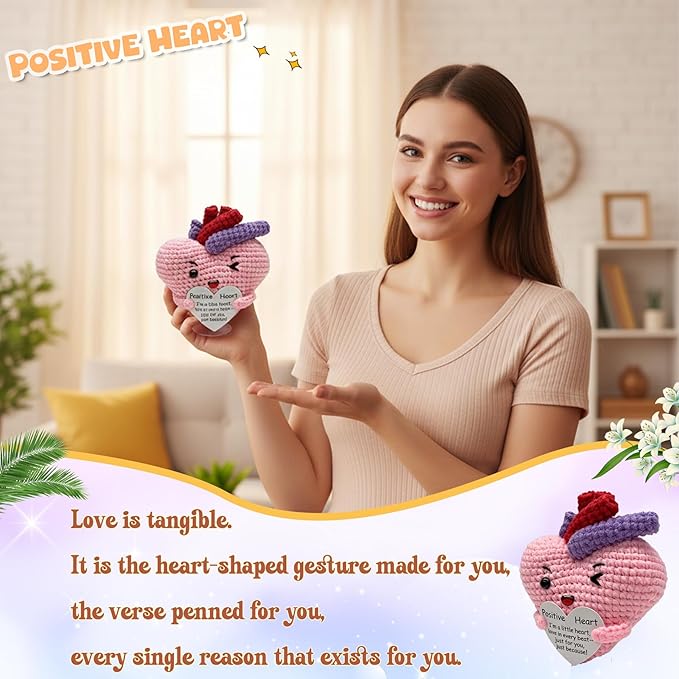 Emotional Support Positive Crochet Heart Handmade Gift and Desk Decor, Encouragement Present for Women Mother's Day Birthday Valentine's Day Galentines Multiple Holidays(Positive Heart)