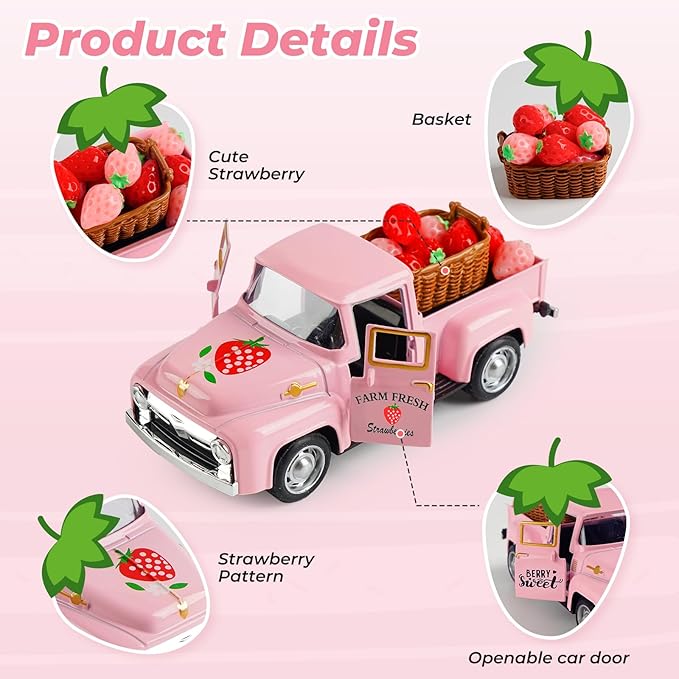 Strawberry Truck Decor, Pink Pickup Truck with Fake Strawberries, Rustic Farmhouse Tiered Tray Decor, Spring Country Kitchen Decorations for Home Office