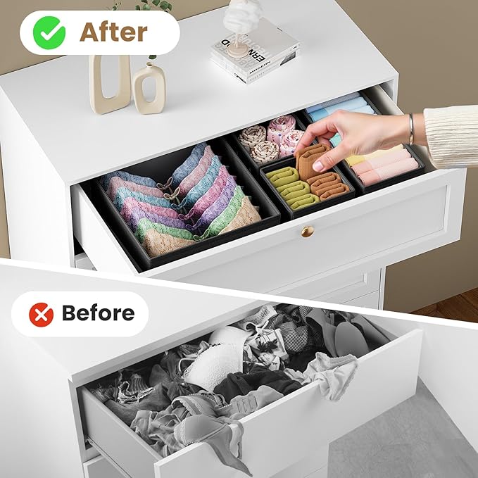Drawer Organizer Clothes, 16 Pack Drawer Organizers and Underwear Organizer for Nursery, Dividers Clothes Organizer, Closet Organization and Foldable Storage Bins for Sock, Bra, Tie, Black