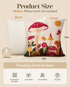 Embroidered Throw Pillow Cover 20x20 Inch - Spring Summer Boho Decorative Pillow Cover with Zipper for Living Room Couch Sofa Bed Aesthetic Design Mushroom Moon Cushion Pillowcase