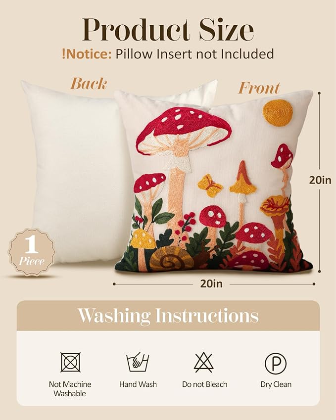 Embroidered Throw Pillow Cover 20x20 Inch - Spring Summer Boho Decorative Pillow Cover with Zipper for Living Room Couch Sofa Bed Aesthetic Design Mushroom Moon Cushion Pillowcase