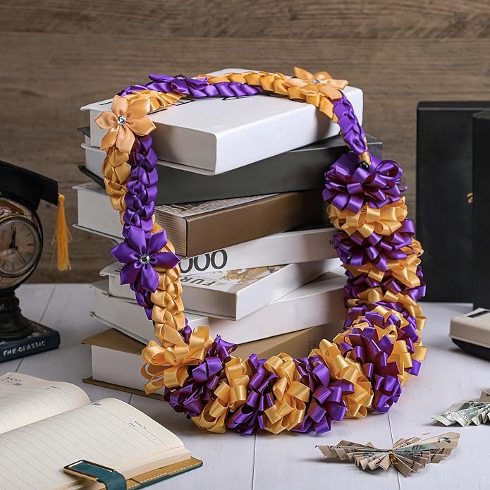Canlierr Graduation Leis Class of 2026 Grad Ribbon Leis Double Braided Necklace Hawaiian Flower Garland with Heart Kukui Nut for Man Woman Graduation Party Supplies