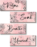 ONIZHITY 4 Pieces Pink Wall Decor Pink Floral Bathroom Decor Wooden Girls Room with Relax Soak Unwind Breathe Positive Hanging Wall Art for Girl Teen Women Bedroom Living Room Decoration (10X4In)
