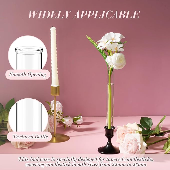3 Pack 3.9" 5.9" 7.9" Bud Vase Taper Candle Holder's Bud Vase for Candlestick Sizes from 22mm to 27mm Adjustable Designed Specially for Taper Candle Holder for Tablescapes, Wedding Decor
