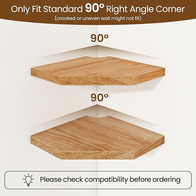 Fun Memories Corner Shelf Wall Mount, Solid Oak Wood Floating Corner Shelves with Cable Hole, 7in Rustic Design for Bedroom, Bathroom, Kitchen, Living Room (Natural, 1 Pack)