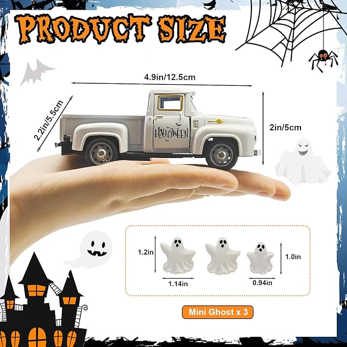 Halloween Decorations - Mini Cute Farmhouse Style Halloween Metal Truck Decor with 3 Removable Mini Ghost Ornaments for Tabletop, Tiered Tray, Shelf, Fireplace and Home Indoor Décor