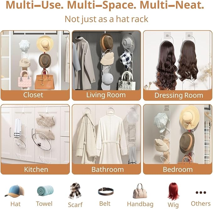LINFIDITE 10 Pack Hat Rack Hanger Holder Organizer Closet Hanging Baseball Cap Display Storage Rack for Scarves Handbags Towels Clothes Ties Over Door Wall Mounted w Hanging Hook White