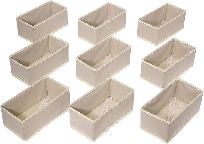DIOMMELL 9 Pack Foldable Cloth Storage Box Closet Dresser Drawer Organizer Fabric Baskets Bins Containers Divider for Clothes Underwear Bras Socks Lingerie Clothing,Beige 090