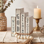 Lineshading 4 Pcs Christian Table Decor Wooden Book Stack Decor with God All Things are Possible Farmhouse Centerpiece with Beaded Garland Tassel Christian Home Decorations for Office, Shelf, Gift