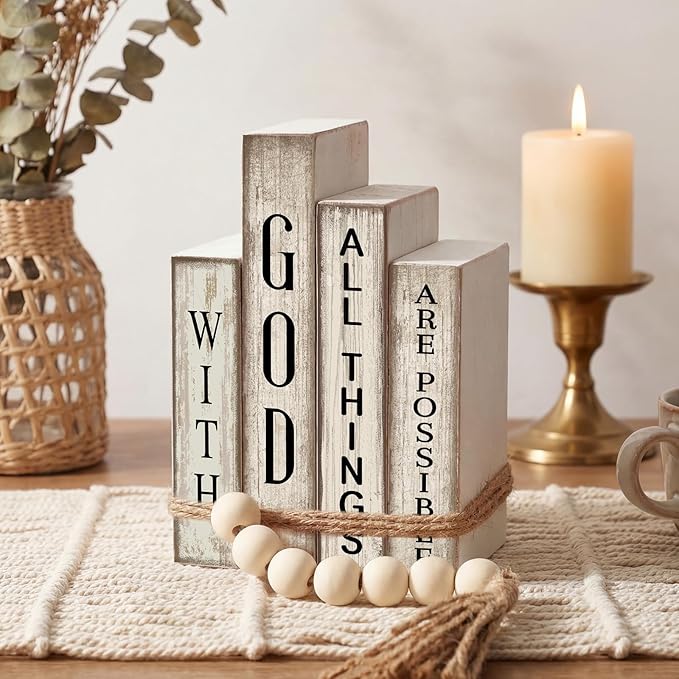 Lineshading 4 Pcs Christian Table Decor Wooden Book Stack Decor with God All Things are Possible Farmhouse Centerpiece with Beaded Garland Tassel Christian Home Decorations for Office, Shelf, Gift