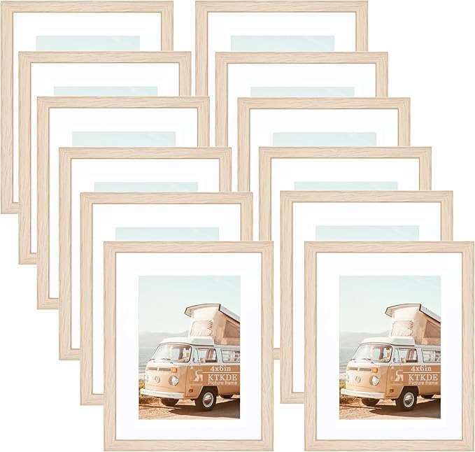 KTKDE 4x6 Picture frame Set of 12,Nature Woodgrain Photo Frame 3.5x5 mat or 4x6 Without Mat, 4 by 6 Tempered Glass small picture frames for Wall or Tabletop Home Decor best gift
