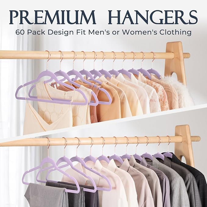 HOUSE DAY Velvet Hangers 30 Pack, Premium Non-Slip Felt Hangers, Sturdy Lt-Purple Clothes Hanger Heavy Duty, Space Saving Durable Suit Coat Hanger, 360° Rotating Rose Gold Hook