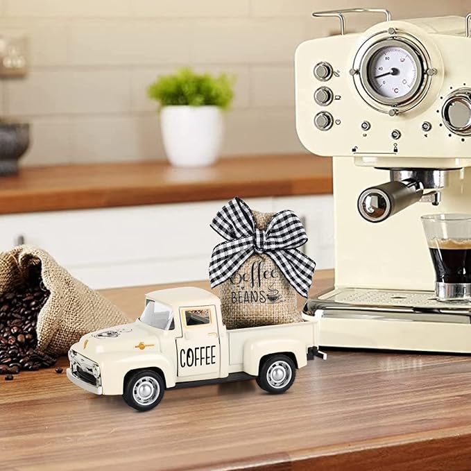 Metal Coffee Truck with Burlap Sack Vintage Pickup for Farmhouse Kitchen Decor Coffee Station Home Bar Accessories