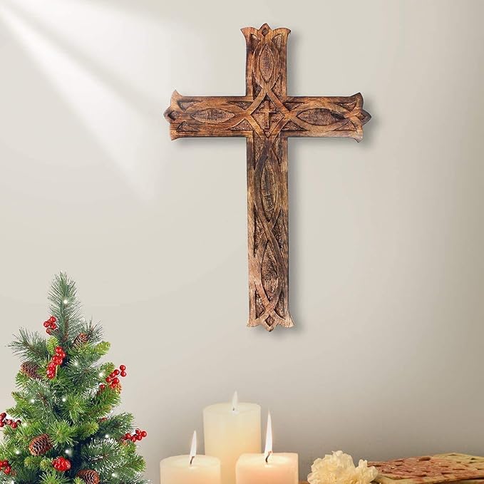 IBLAY Wooden Religious Catholic Crucifix Cross Wall Hanging 18 x 12 Inches Carvings Living Room Home Decor Accent Church Chapel Altar Wall Art Decor