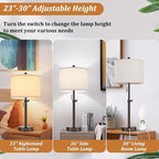Modern Brown Table Lamps Set of 2, 23’’-30’’ Adjustable Bedroom Lamps with 2 USB Ports, Living Room Lamp Set with Cream Linen Shade, Industrial Desk Lamp for Nightstand End Table Home Office Reading
