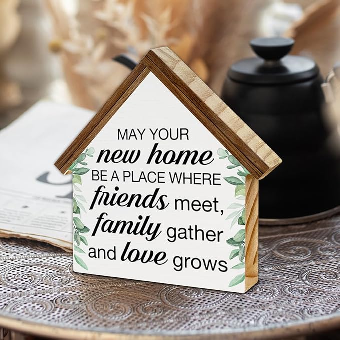 Housewarming Gifts, New House New Apartment Decor, Gifts for New Home Owner, Blessings House Shaped Wooden Block Sign Home Living Room Decor for Desk Table Shelf