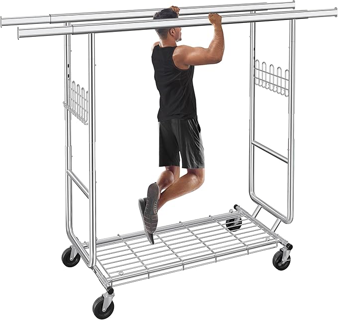 Heavy Duty Clothes Rack Load 900 Lbs, Double Rod Rolling Clothing Rack With Sturdy Wheel And Shelves，Adjustable Portable Hanging Rack For Clothes,Silver Stainless Steel